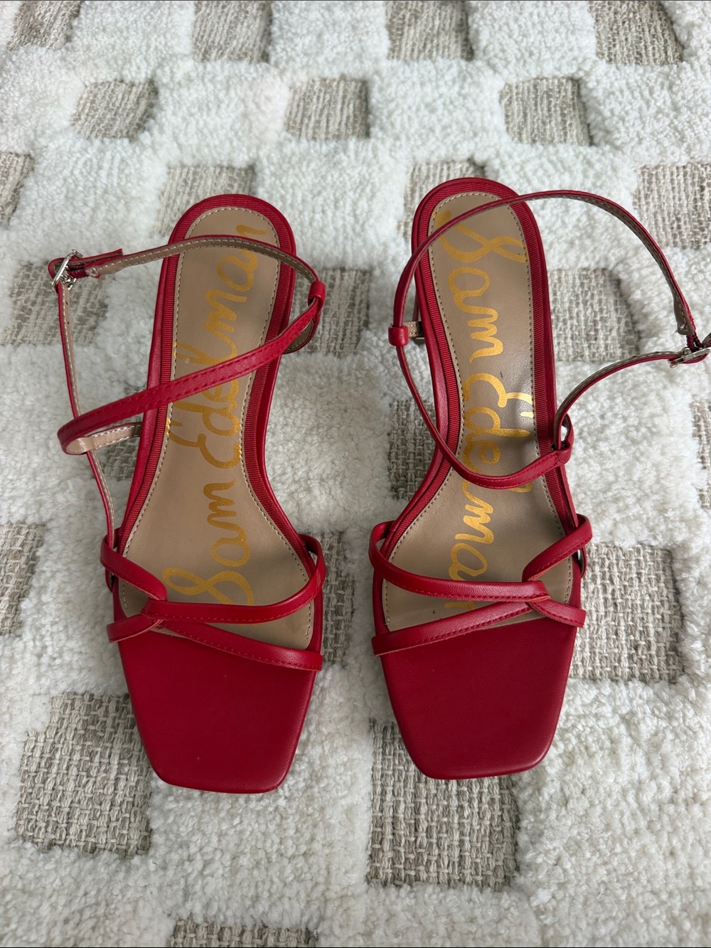 Sam Edelman Red Strappy Square-Toe Heels with Ankle Strap